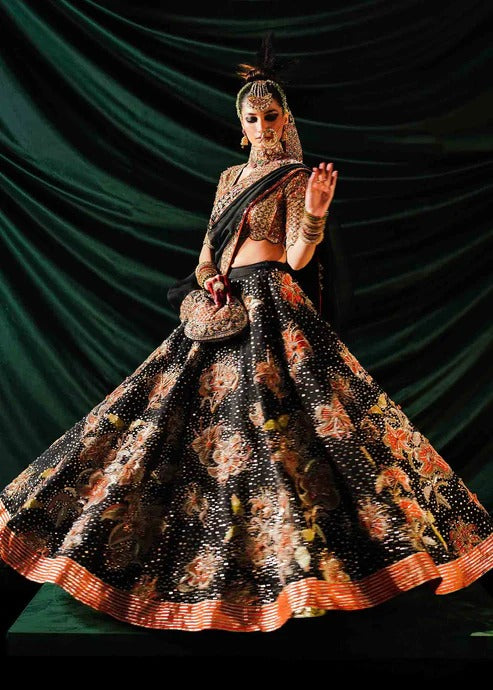 Hussain Rehar – Black Pure Satin Silk Lehenga with Organza Dupatta
