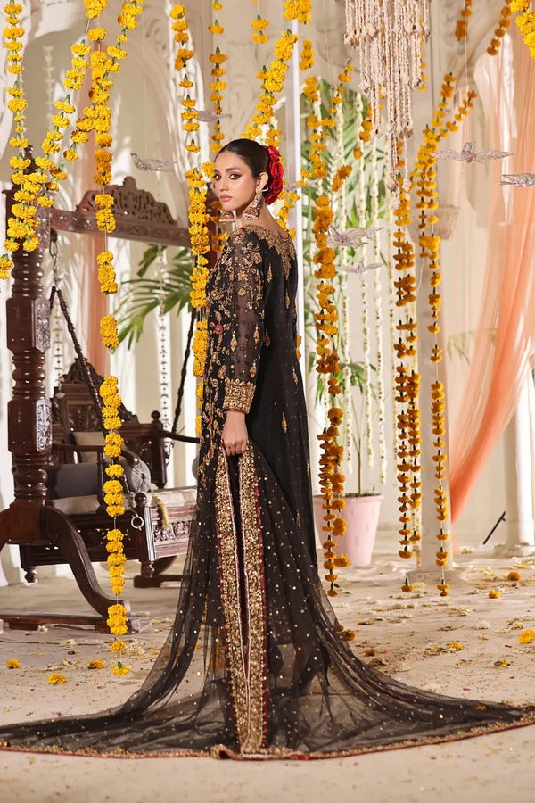 Mala-4 | Black Cotton Net Shirt with Gold & Antique Dabka Embellishment