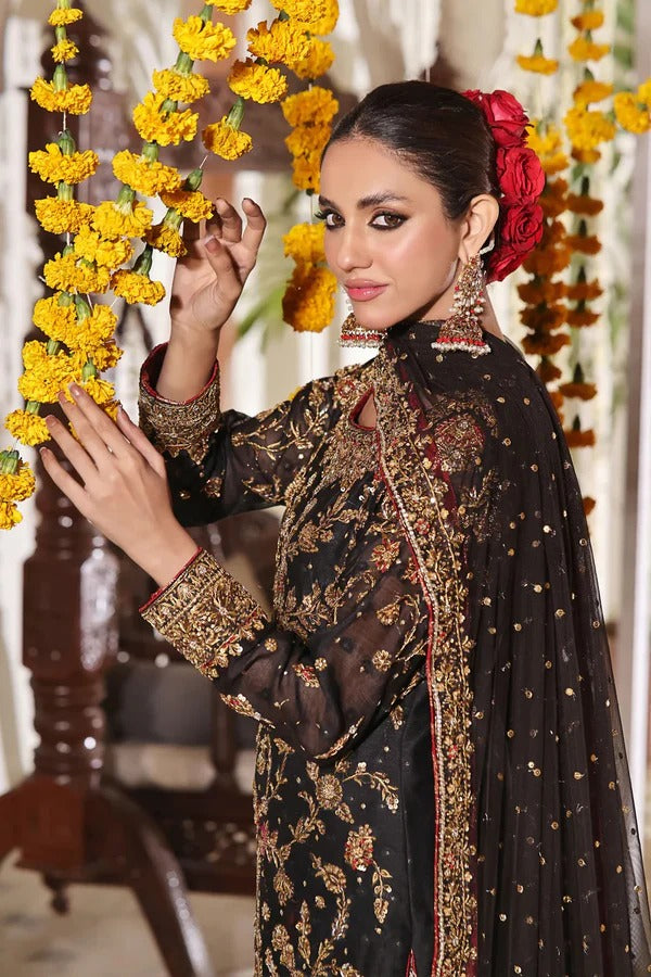 Mala-4 | Black Cotton Net Shirt with Gold & Antique Dabka Embellishment