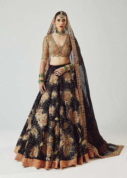 Hussain Rehar – Black Pure Satin Silk Lehenga with Organza Dupatta